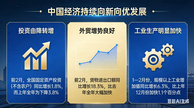  经济开局积极向好，投资消费外贸三箭齐发。 股票财经